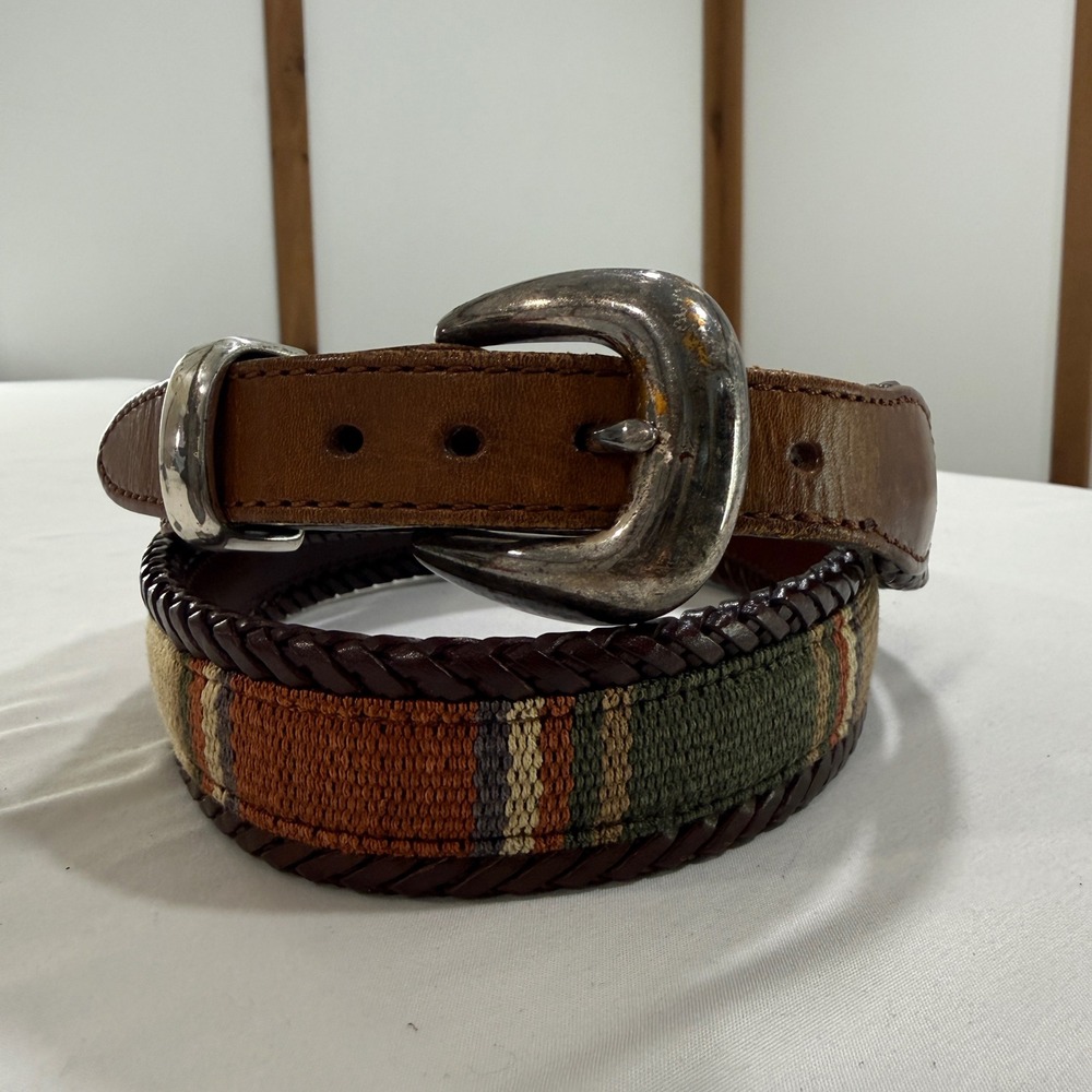 Vintage Western Woven Leather Belt Mens 36 Brown Braided Southwestern Buckle